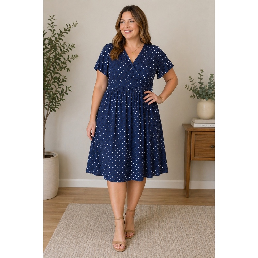 L.L. Bean Dress Womens 1X Blue Polka Dot Wrap Midi Fit & Flare Empire Waist